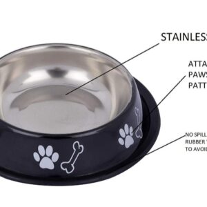Paw & Bone Print Beautiful Stainless-Steel, Non-Skid Dog Food Bowl (Medium) ( Black