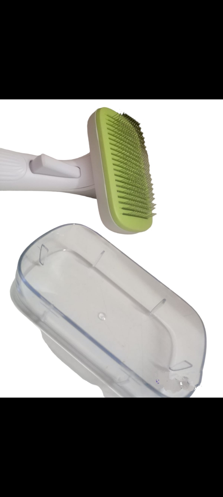 Button type brushes with bent needles with round white ends