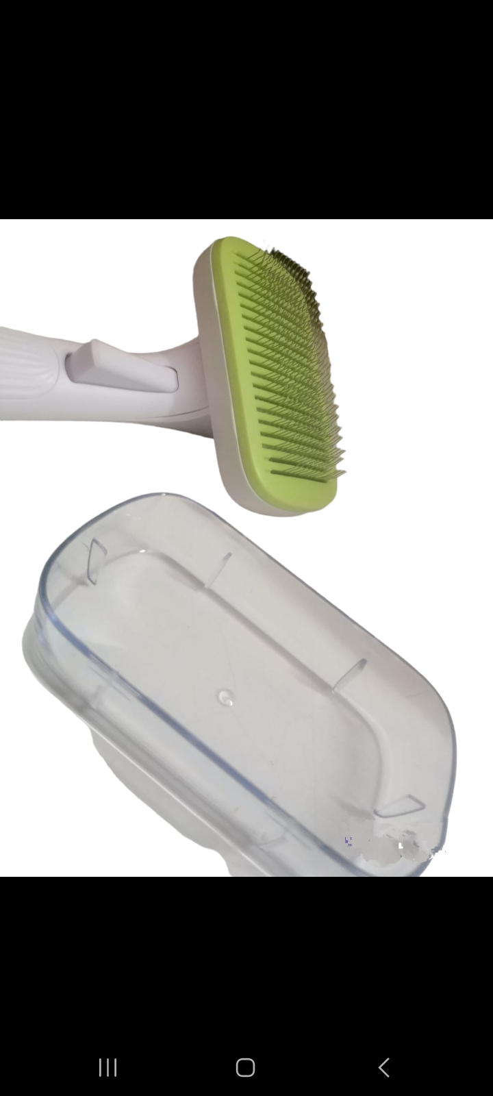 Button type brushes with bent needles with round white ends