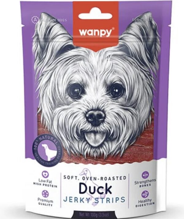 Wanpy duck jerky strips high protein grain free dog treats