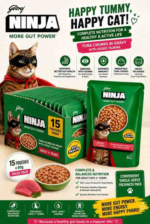 Godrej NINJA More Gut Power Adult Cat Wet Food – Tuna Chunks in Gravy with Added Taurine (80g × 15 Pouches) Box - Image 2
