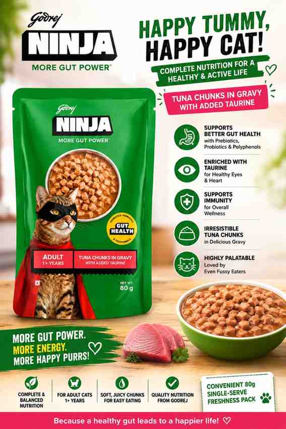 Godrej NINJA More Gut Power Adult Cat Wet Food – Tuna Chunks in Gravy with Added Taurine (80g × 15 Pouches) Box - Image 3