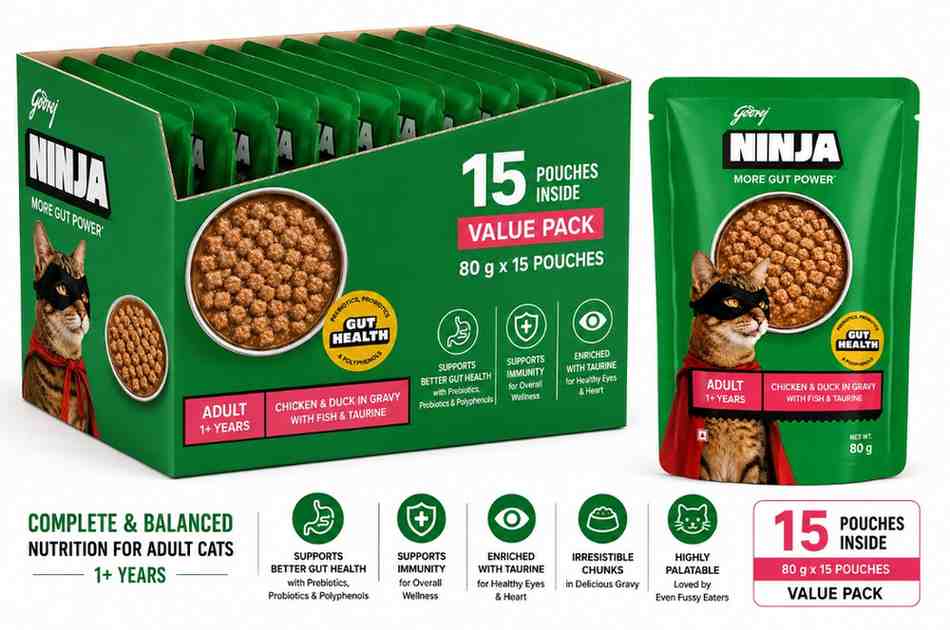 Godrej NINJA More Gut Power Adult Cat Wet Food – Chicken & Duck in Gravy with Fish & Taurine (80g × 15 Pouches) Box - Image 3