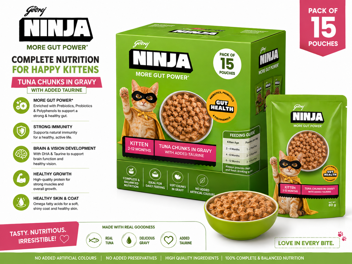 Godrej NINJA More Gut Power Kitten Wet Food – Tuna Chunks in Gravy with Added Taurine (Pack of 15 x 80g) - Image 2