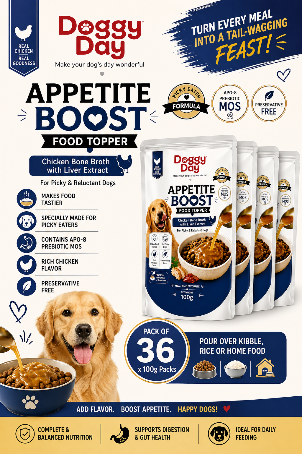 Doggy Day Appetite Boost Food Topper – Chicken Bone Broth with Liver Extract (Pack of 36 × 100g) - Image 2