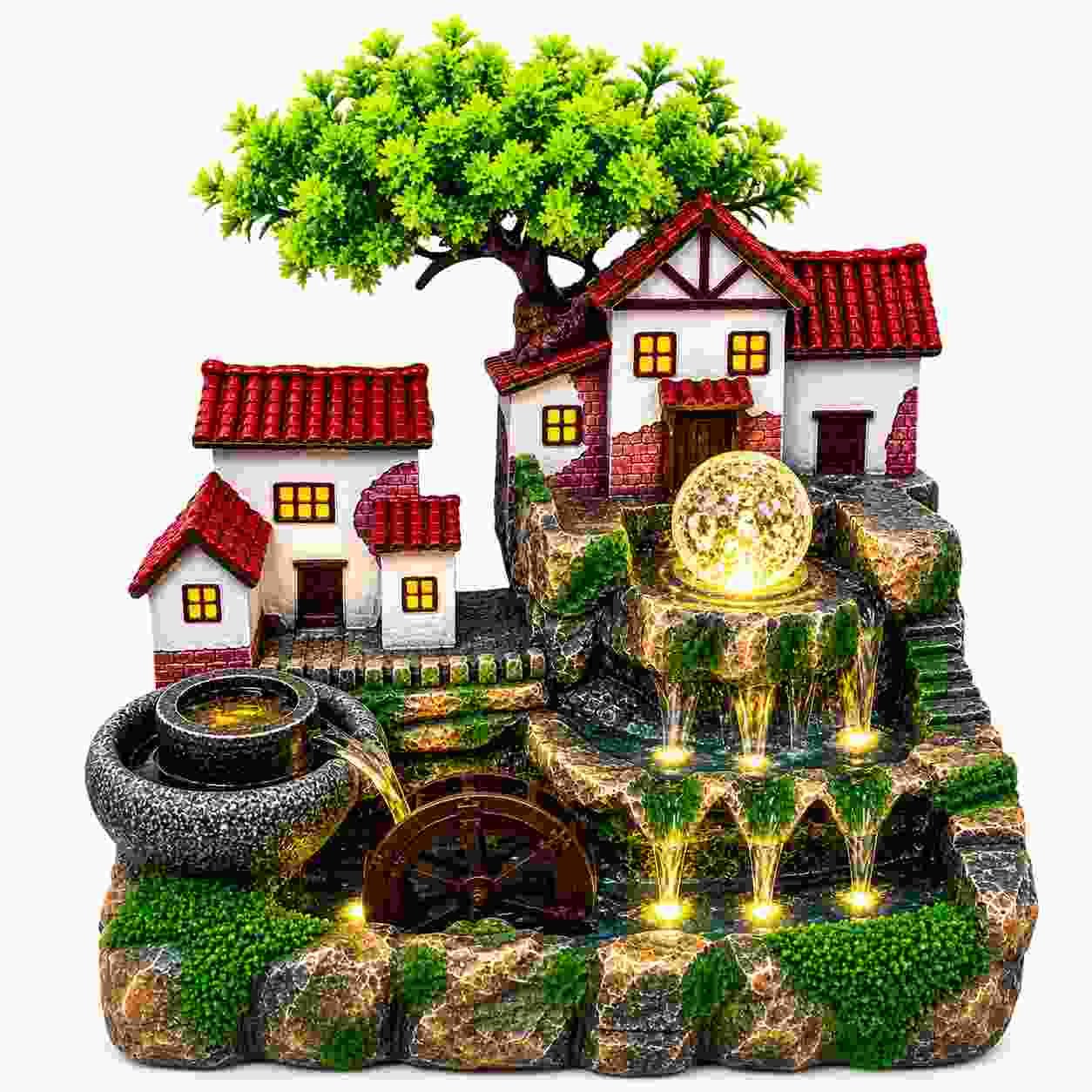Village House Water Fountain with LED Light